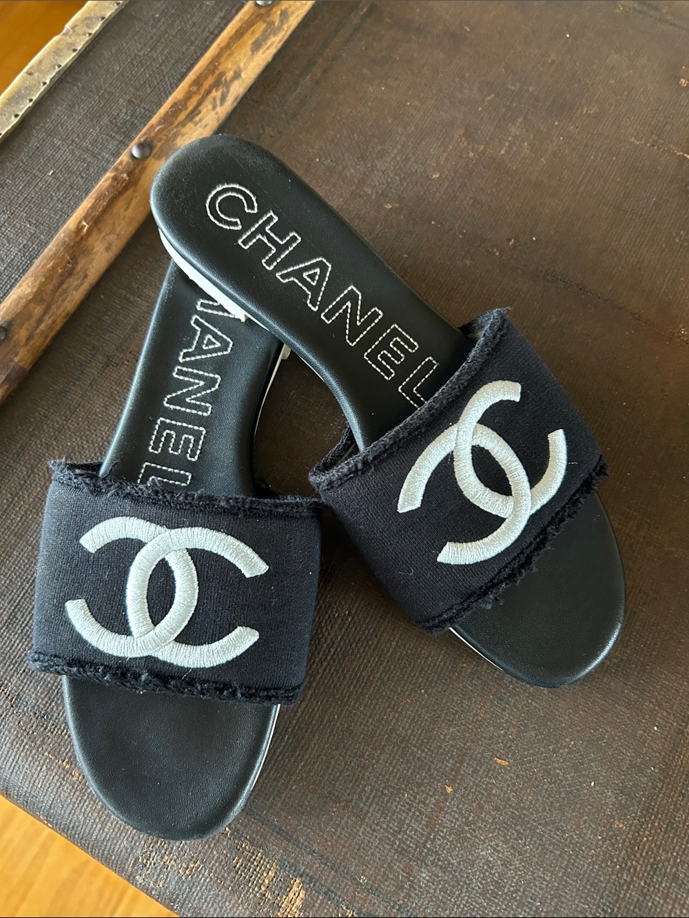 CHANEL Black Slide Mules with White CC Embroidery
